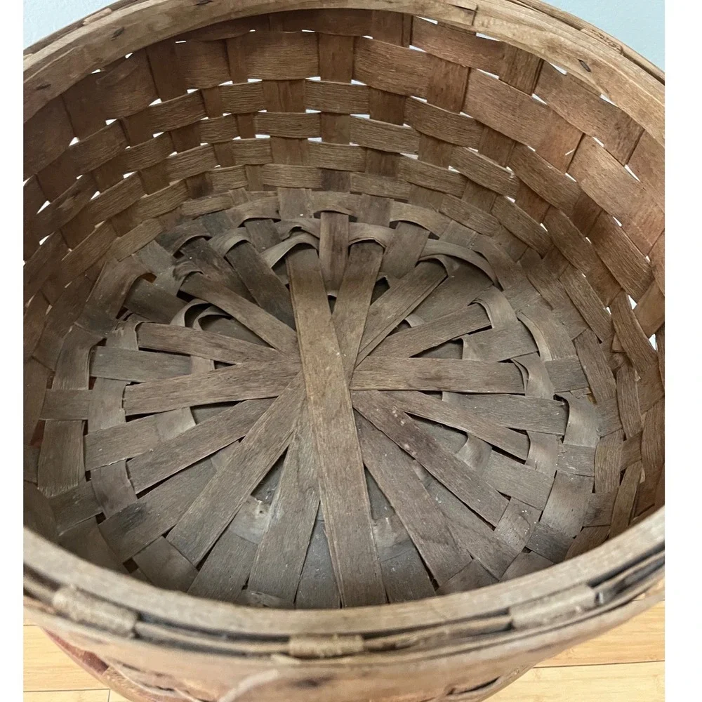 Large Vintage Splint Harvest Gathering Basket Carved Wooden Handle 18